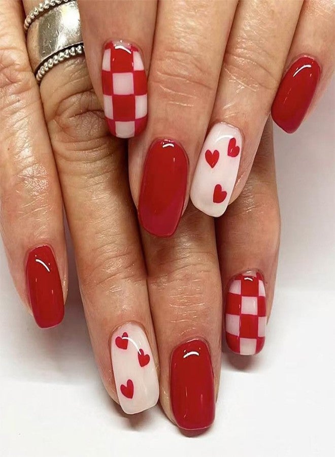 HJKDSFD Short Valentine Press on Nails Square Fake Nails Red Heart Acrylic Checkerboard False Nails with Designs Short Square Glue on Nail Cute Glossy Holiday Artificial Nail for Women Girls 24Pcs - Image 1